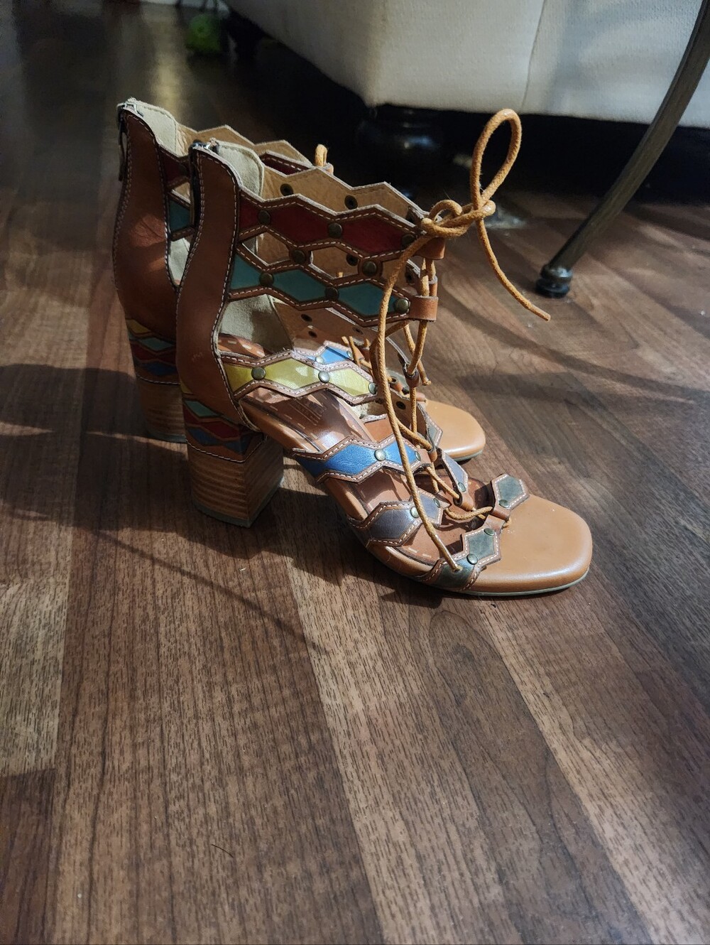 Tan Multi-Accent Lace-Up Block Heel Sandals